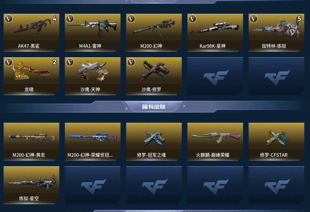 穿越火线账号西部战区重庆一区PX_1266083-重庆/西部/可二次/20V3王者1炫金【主武器类型】 M200-幻神 (世冠白鲨+黄忠) Kar98K-星神 6加特林-炼狱 鹰 王者凰鸣觉醒版 黄金猫猫手套-白鲨 M