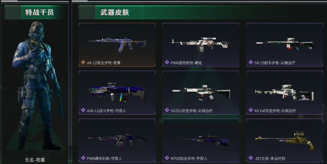 三角洲行动账号QQPX_2053359-119M 71239K哈夫币 63枪皮 16级通行证等级 41行动等级 1战场等级  【特战干员外观】 无名-夜鹰  【近战武器】 黑鹰  【传说枪皮】 AK-12突击