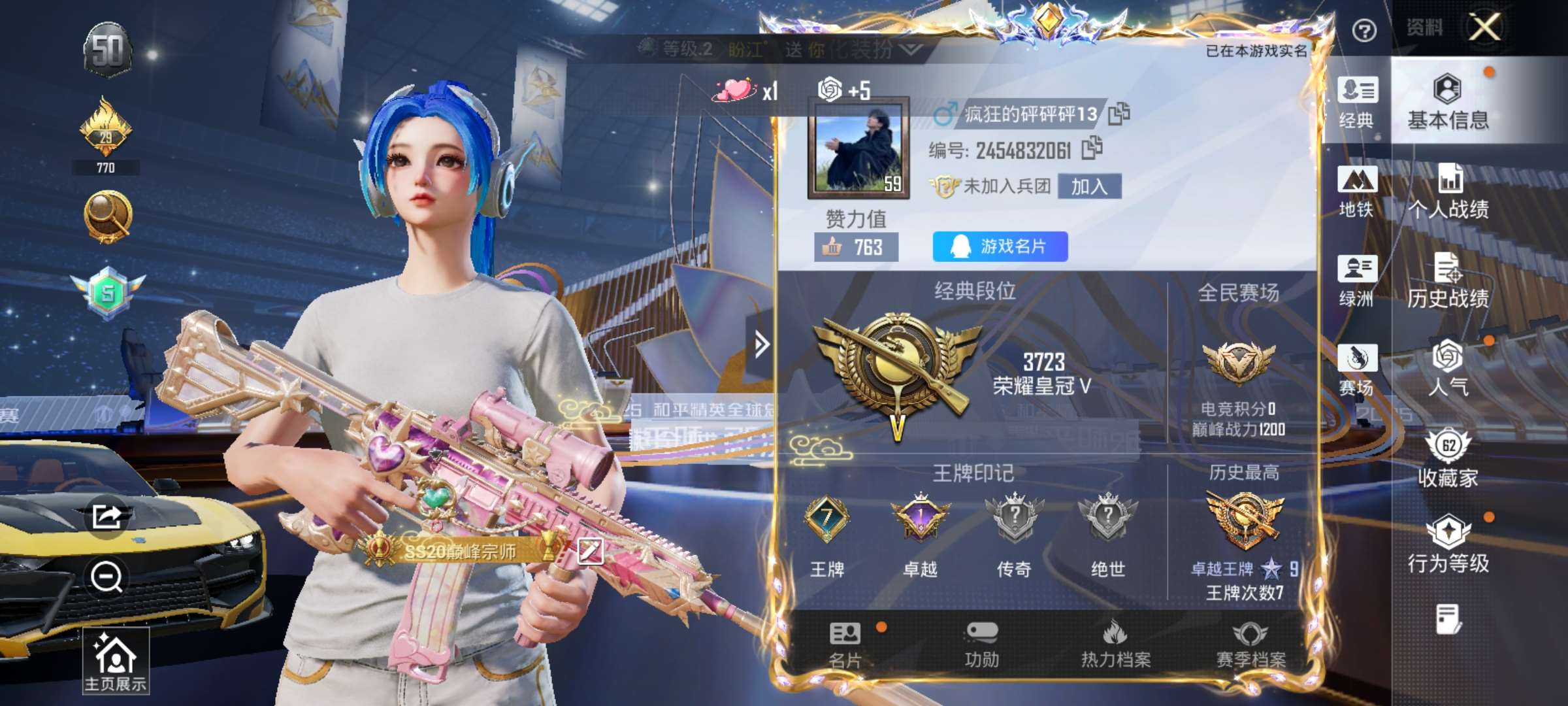 和平精英账号安卓QQ安卓Q-2稀有3载具9粉装5特效枪16热门117套装164枪皮 59759热力值 7印记 历史卓越王